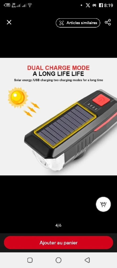 Lamp avant de vélo Klaxon avec batterie rechargeable au énergie scolaire مصباح أمامي بالطاقة الشمسية للدراجات مع منبه صوتي قوي كلاكسون