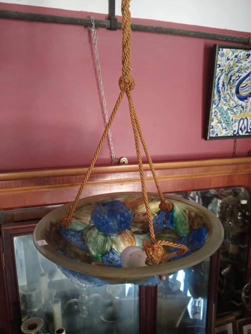 Lustre Suspension vasque Art déco en pâte de verre signé Artistar France