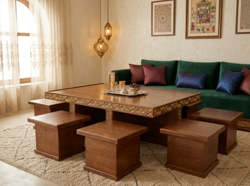 Grande Table basse mauresque syreinne de luxe avec ses 6 tabourets encastrables