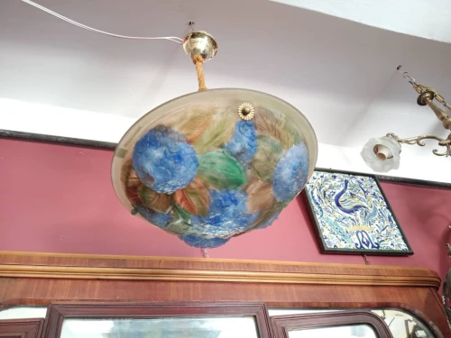 Lustre Suspension vasque Art déco en pâte de verre signé Artistar France