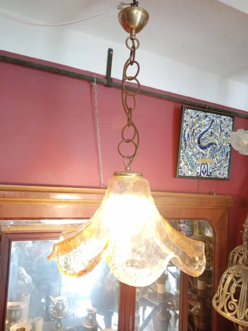 Lustre, suspension, Pendentif en verre d'art ambré de Murano des années 1970, desinger Mazzega 
