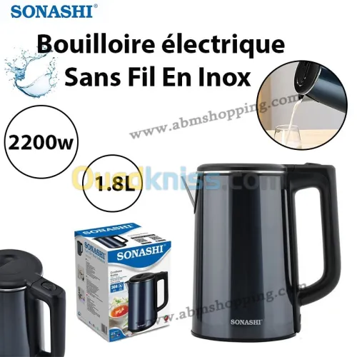 GRANTIE produit 2 ans Bouilloire électrique Sans Fil En Inox 2200W 1.8L | SONASHI