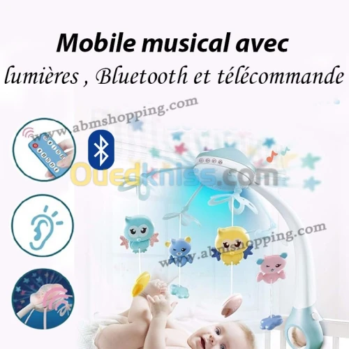 Mobile musical avec lumières , Bluetooth et télécommande علاقة المهد 