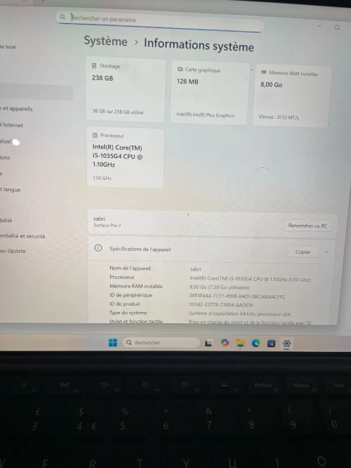 Microsoft surface pro 7 i5 10 eme et 256 gb de stockage