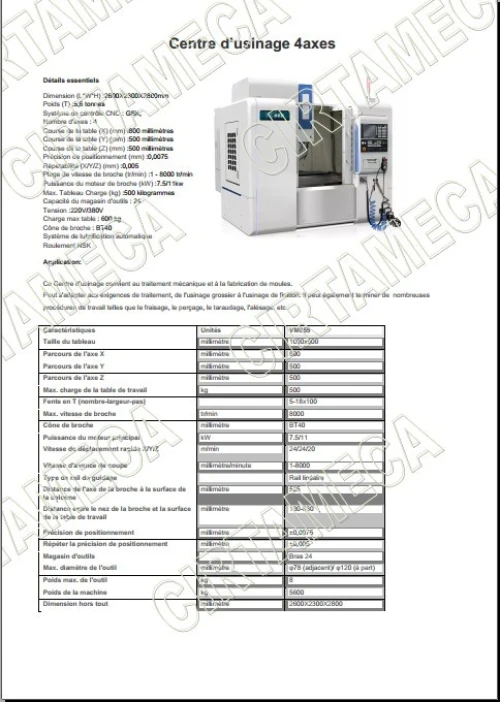 Centre d'usinage 3 axes, , 4 axes, CNC FANUC, SIMENS, MITSIBUSHI