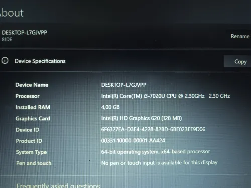 Laptop Lenovo CPU : i3-7020U I GPU : Intel(R) HD graphics 620