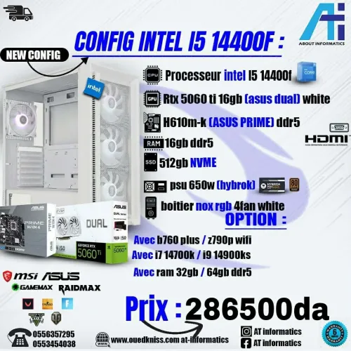 CONFIG PC GAMING INTEL CORE I5 14400F AVEC RTX 5060 TI 16GB ASUS DUAL WHITE NEW