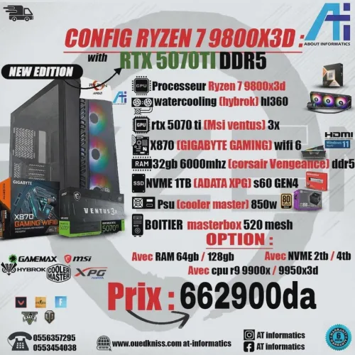 CONFIG PC GAMING AMD RYZEN 7 9800X3D AVEC RTX 5070 TI 16GB  MSI VENTUS 3X