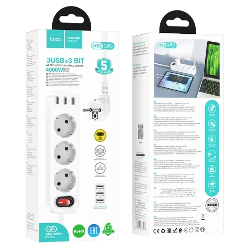 Multiprise de courant Électrique 3Ports USB 2.4A Et 3Prises EU 4000W Hoco NS2