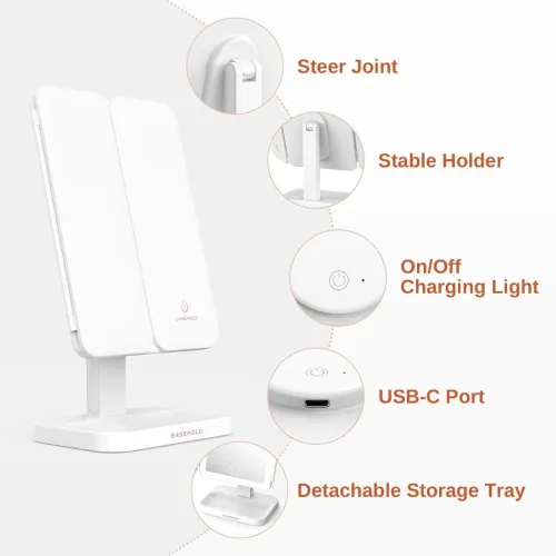Easehold Miroir Triple Pliable 21 LEDS Pour maquillage Rotation 180 ° Avec présentoir blanc
