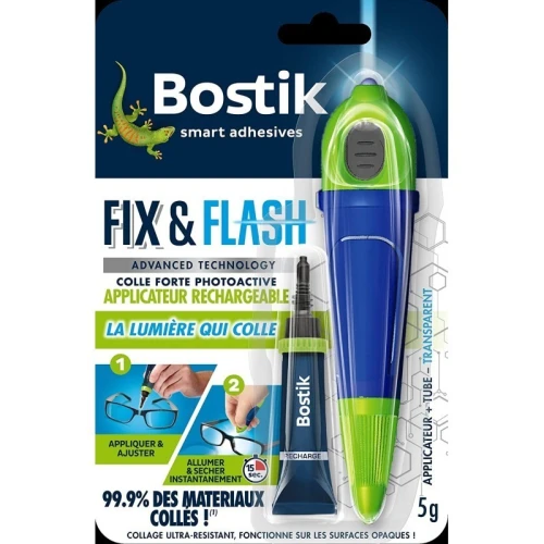 Bostik Fix & Flash Colle de Réparation Lumière UV (Colle Forte Photoactive) Applicateur et Tube