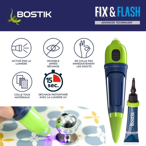 Bostik Fix & Flash Colle de Réparation Lumière UV (Colle Forte Photoactive) Applicateur et Tube
