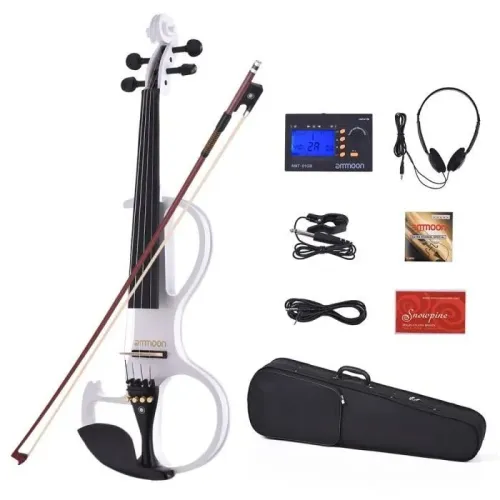 Ammoon Violon électrique 4/4 pleine grandeur en bois massif Violon électrique transparent avec code violon en ébène (blanc)