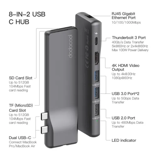  Hub Type C Thunderbolt 3 Ethernet Réseau LAN Gigabit Avec 3 Ports USB 3.0 Dodocool DC73 certifié 