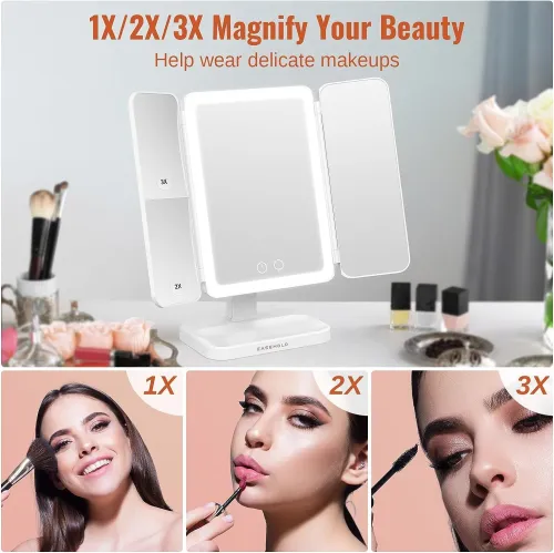 Easehold Miroir Triple Pliable 21 LEDS Pour maquillage Rotation 180 ° Avec présentoir blanc