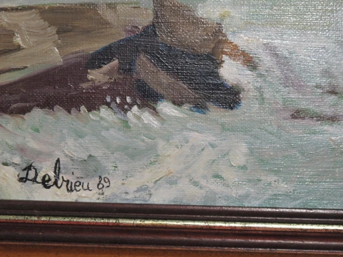 Tableau peinture marine signée Delrieu 1989 encadré bois Rochefort sur Mer