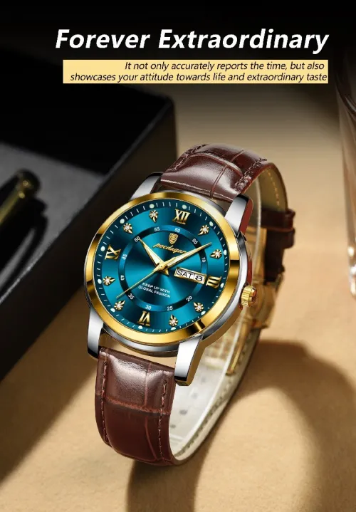 POEDAGAR, Montre de Luxe Homme, bracelet cuir, Étanche,à Quartz, de Haute qualité