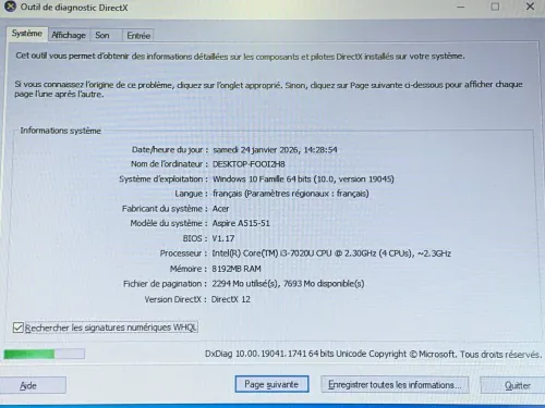 ACER ASPIRE A515-573 / I3 7 EME / 8G / 256 SSD /15.6 FHD