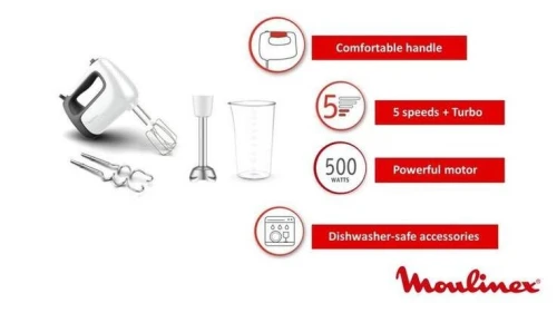KIT MIXEUR BATTEUR MOULINEX 2IN1 PREP MIX 500WTT+ 5 VITESSE TURBO