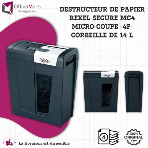 DESTRUCTEUR DE PAPIER REXEL SECURE MC4 MICRO COUPE 4F CORBEILLE DE 14 LITRES