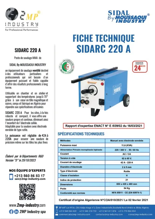 POSTE À SOUDER SIDARC 220 A - SIDAL by Moussaoui Industry - 2MP Industry SPA