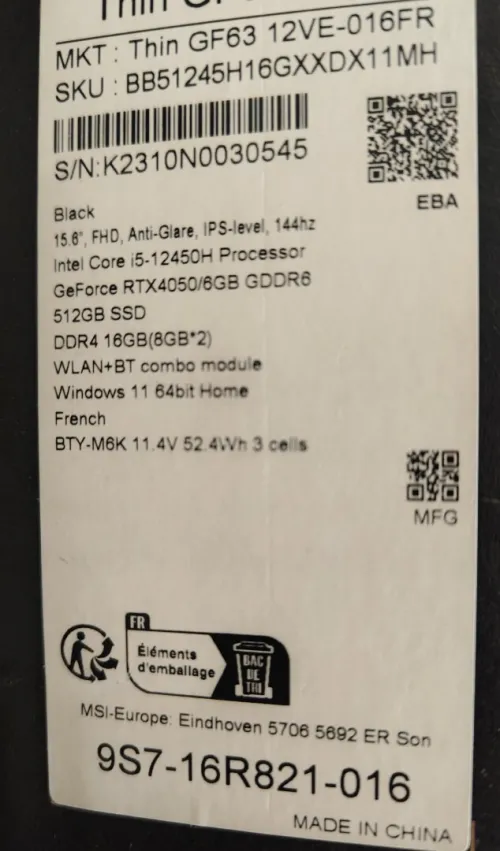 Thin GF63 12VE-016FR  Thin GF63 12VE
