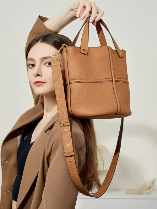 Sac seau cuir de vache pleine fleur style coréen niche nouveau modèle polyvalent grande capacité pour le travail élégant bandoulière