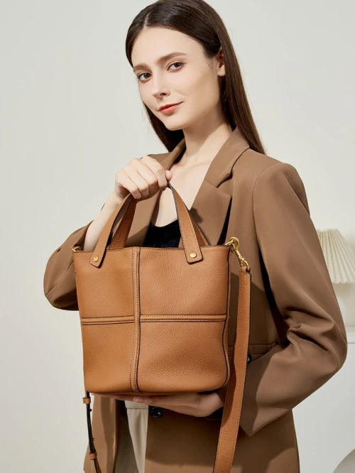 Sac seau cuir de vache pleine fleur style coréen niche nouveau modèle polyvalent grande capacité pour le travail élégant bandoulière