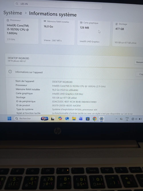 Pc hp probook i5 10 éme génération 15go ram 477GB stockage 512g disque