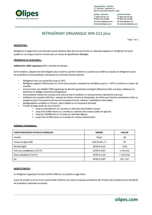 OLIPES RÉFRIGÉRANT ORAGANIC 40% 20 L