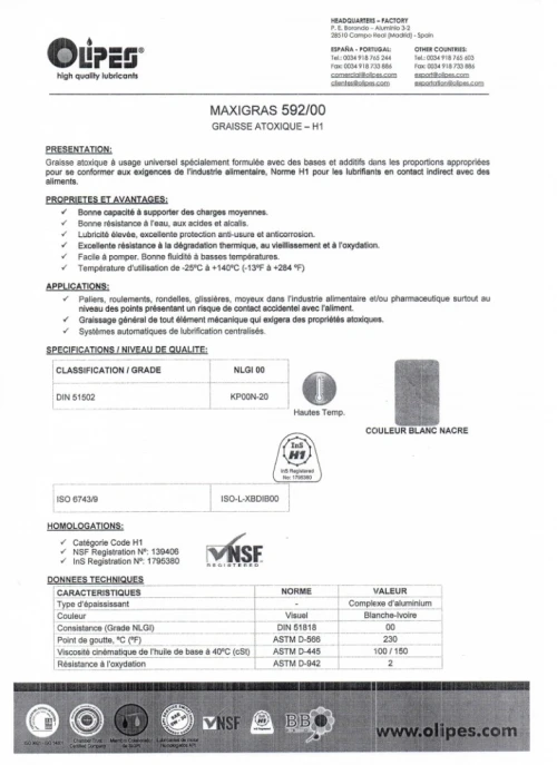 GRAISSE ALIMENTAIRE EP 00 NH1 OLIPES DISPONIBLE EQUIVALENT