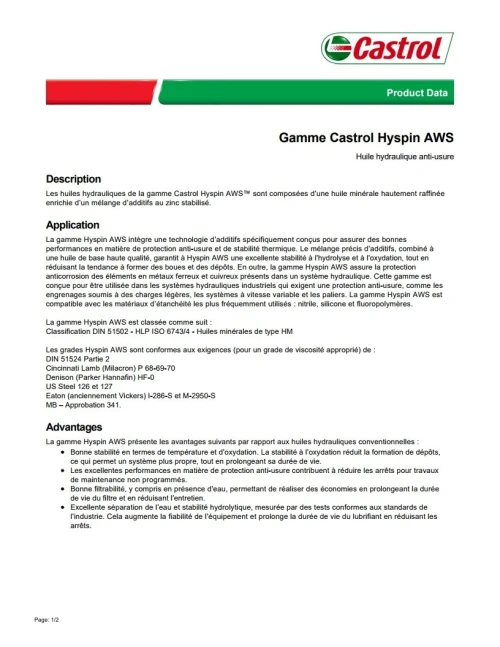 CASTROL HYSPIN AWS 32 HYDRAULIQUE FUT 200 L