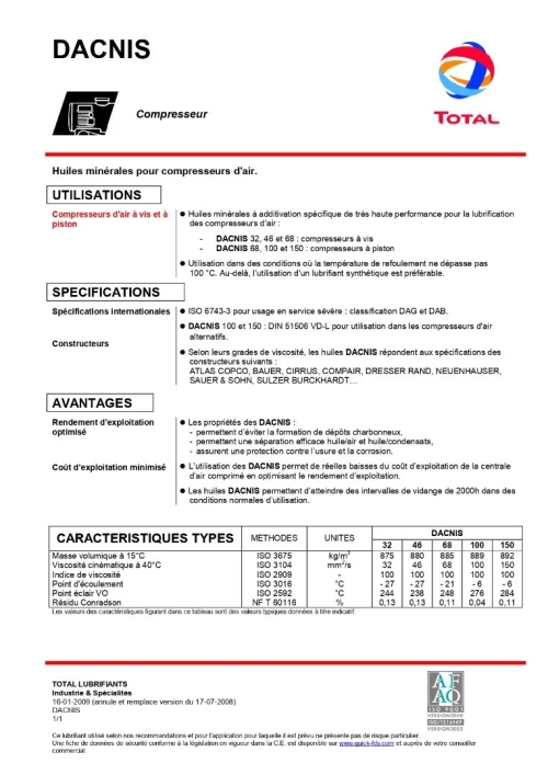 TOTAL DACNIS 68 COMPRESSEUR DISPONIBLE EQUIVALENT