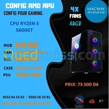 CONFIG PC GAMER RYZEN 5 5600GT 16GB RAM 6x12 256GB SSD 4.60 Ghz Turbo Am4