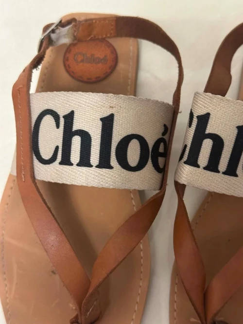 Sandales entre-doigts CHLOE modèle Woody en toile et cuir marron claire en Excellent état, portée seulement 4 jours