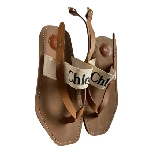 Sandales entre-doigts CHLOE modèle Woody en toile et cuir marron claire en Excellent état, portée seulement 4 jours