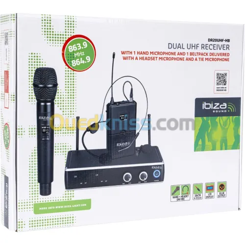 DOUBLE RECEPTEUR UHF AVEC BOITIER CEINTURE, MICRO MAIN, MICROS SERRE-TETE ET CRAVATE