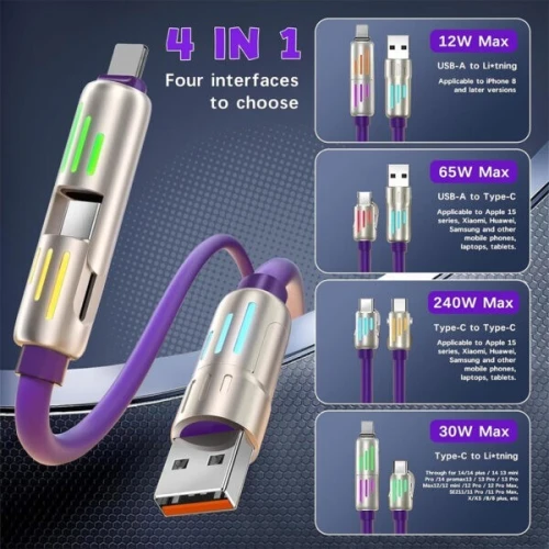 Câble de charge multifonction 4 en 1 USB C, A et Lightning 240W كابل شحن متعدد الرؤوس
