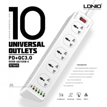 Multiprise LDNIO SC10610 - Chargeur USB 30W avec 10 Prises Secteur, 5 Ports USB, 1 Port USB-C 
