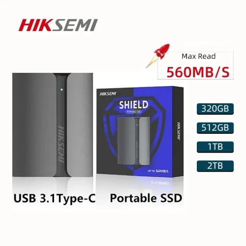 SSD Externe HIKSEMI SHIELD T300S 1TB, USB 3.1 Type C, Jusqu'à 560 M/s