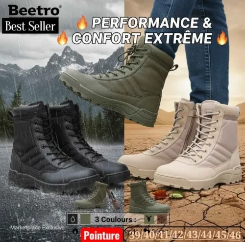 Chaussures Bottes Tactiques style militaire tout terrain, godasse BEETRO SWAT COMBAT, variétés