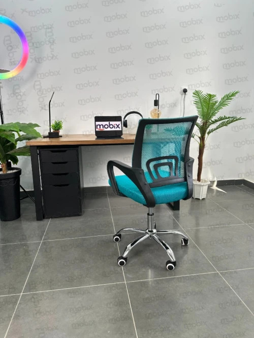 Chaise de bureau opérateur OP-938 bleu turquoise filet ergonomique avec support lombaire