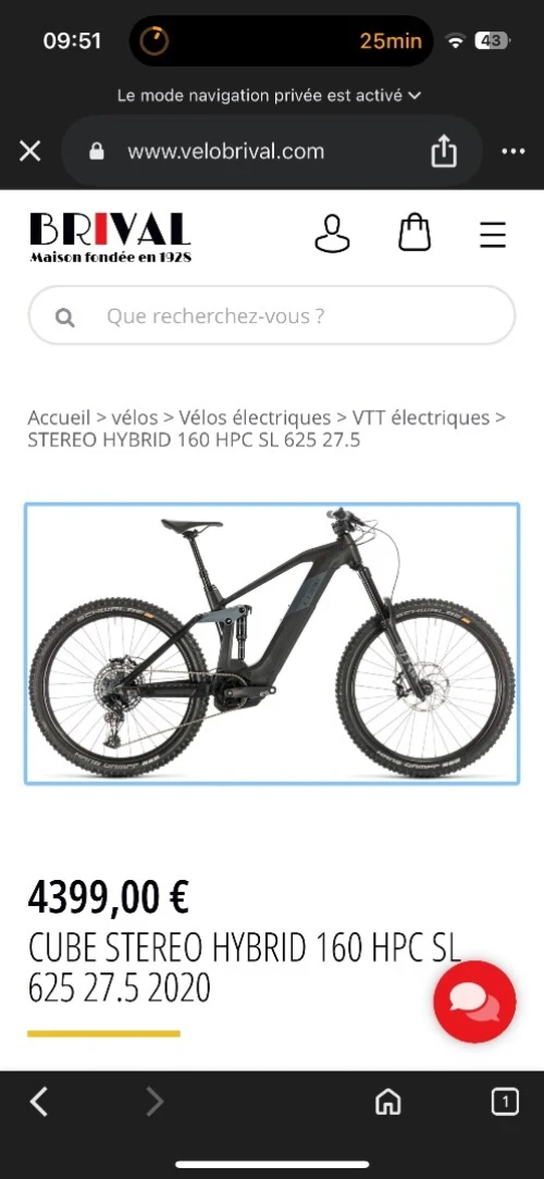 Velo electrique cube (STEREO HYBRID 160 HPC RACE)