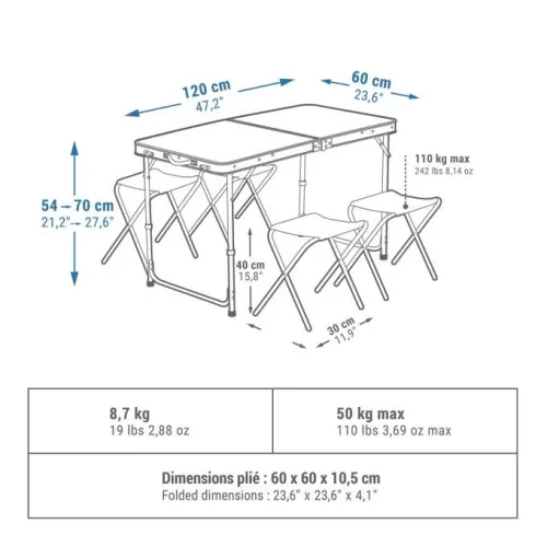Table de Camping Pliable en Aluminium de 120 cm avec 4 Tabourets, pour le Jardin et l'Extérieur