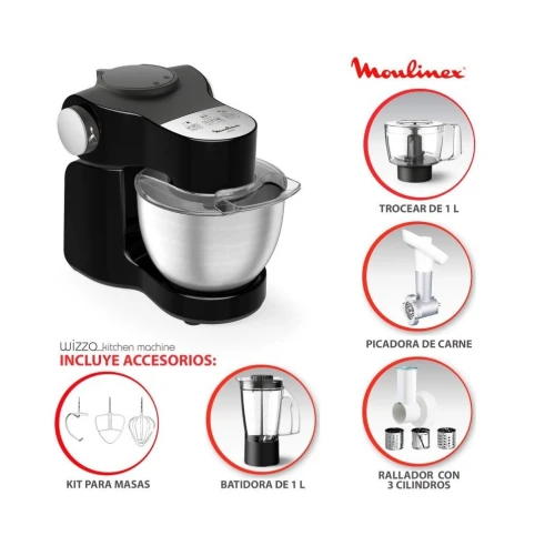 Moulinex Wizzo, Robot Pâtissier Blender Hachoir à Viande Découpe-Légumes 1000W, 7 Vitesses