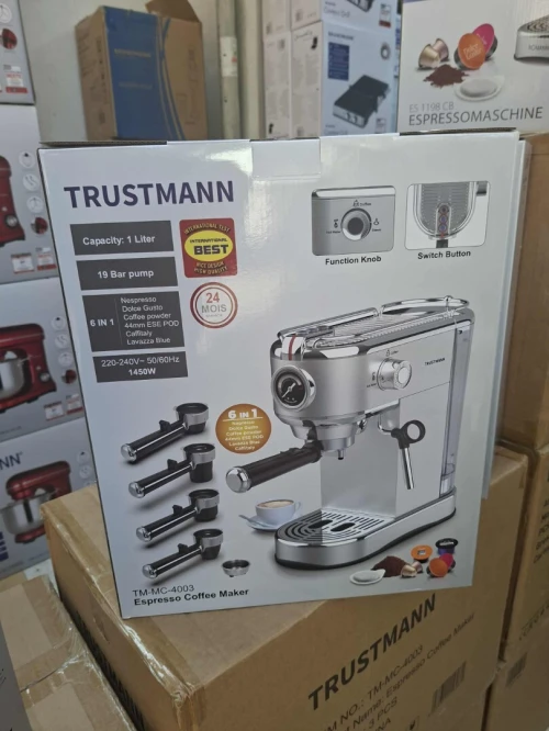 Machine à Café Espresso TRUSTMANN 6En1 ,Pompe 19 Bars, Capacité 1L, Acier Inoxydable