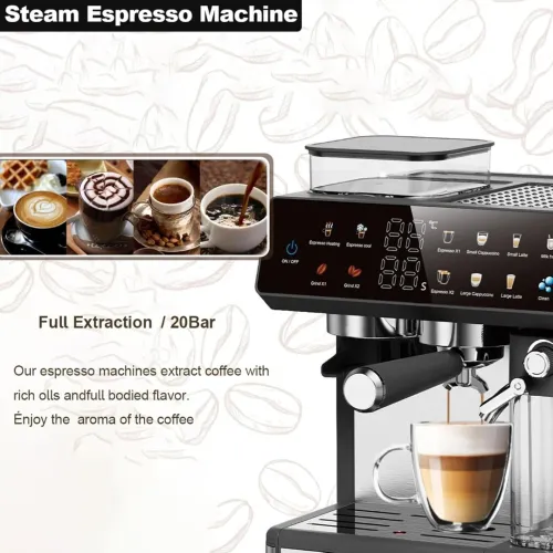 Machine à Café Expresso Automatique 4En1 Avec Broyeur Intégré, 20 Bars 2,6 L, Coffee Grinding, Espresso, Cappuccino, Milk Foam