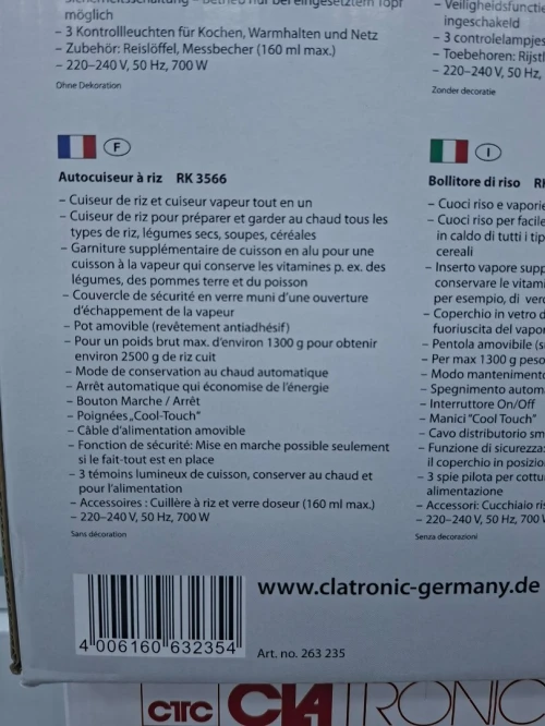 Cuiseur à Riz Clatronic, Capacité 2,5 Litres Pour 2,5 kg De Riz Cuit, 700 W, Acier Inoxydable, Blanc