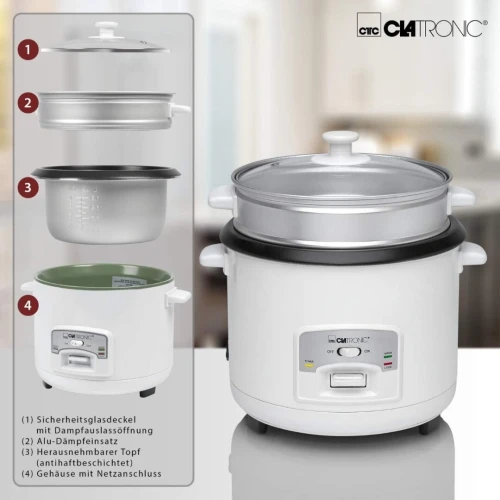Cuiseur à Riz Clatronic, Capacité 2,5 Litres Pour 2,5 kg De Riz Cuit, 700 W, Acier Inoxydable, Blanc