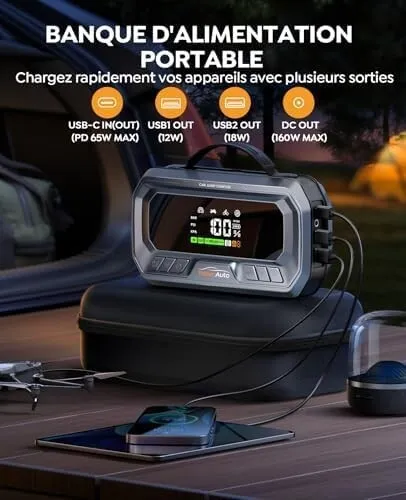 Booster YABER Batterie Voiture 7000A, PD 65W, Compresseur 160PSI, 26800mAh, 600LM LED, Grand Écran